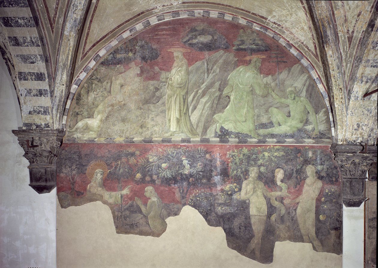 Az állatok és Ádám teremtése (felső rész) Éva és az Eredeti Bűn teremtése (alsó rész) lunette alkotó: Paolo Uccello