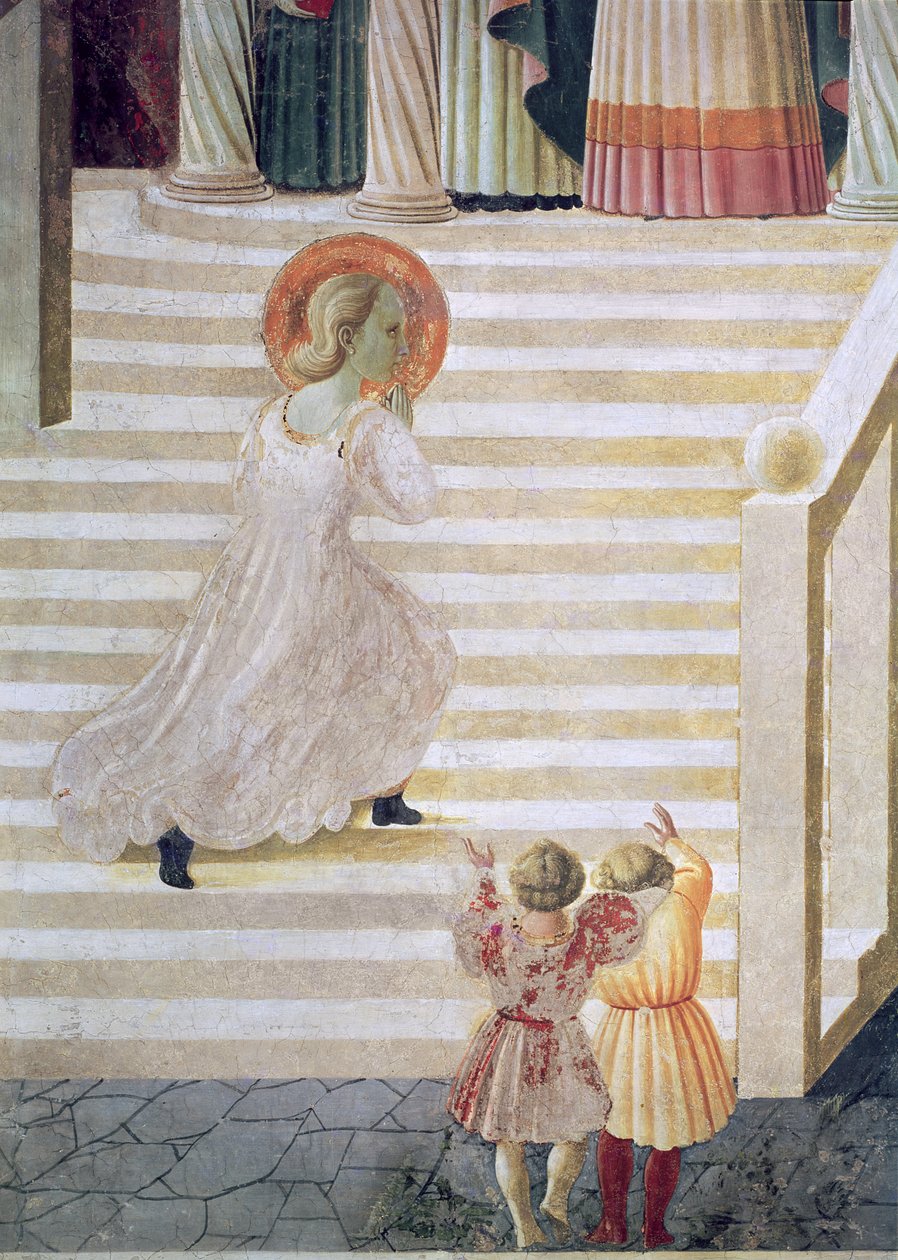 Szűz Mária felmegy a lépcsőn a Mária-bemutatón a templomban, 1433-34 (részlet) alkotó: Paolo Uccello