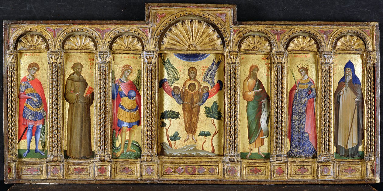 Triptichon Mária Magdolnával Krisztus fejét tartó, szentekkel körülvéve (tempera a panelen) alkotó: Paolo Veneziano