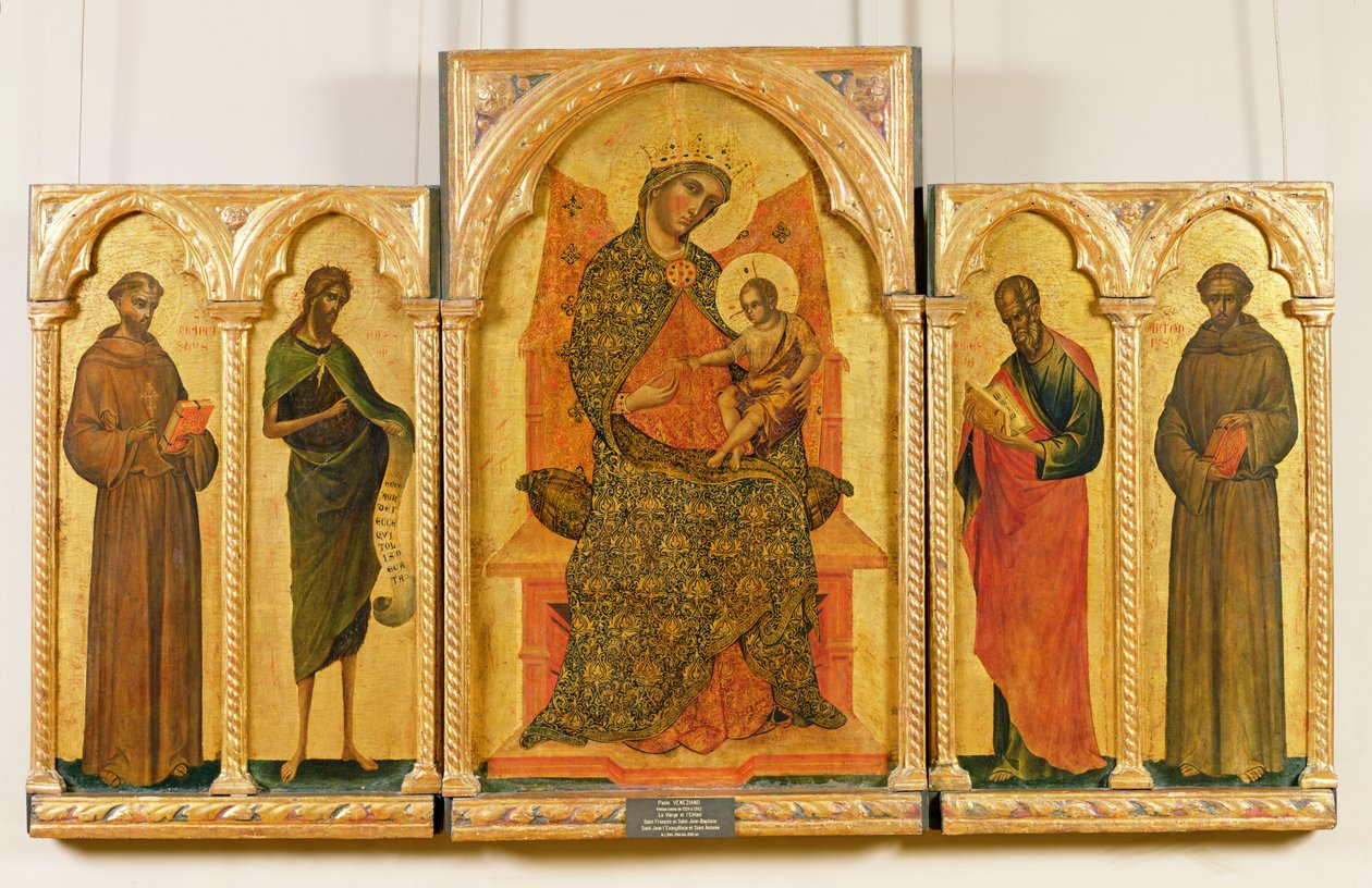 Szűz és gyermek Szent Ferenccel, Keresztelő Jánossal, Szent János evangélistával, Páduai Szent Antal, 1354 (tempera a táblán) alkotó: Paolo Veneziano