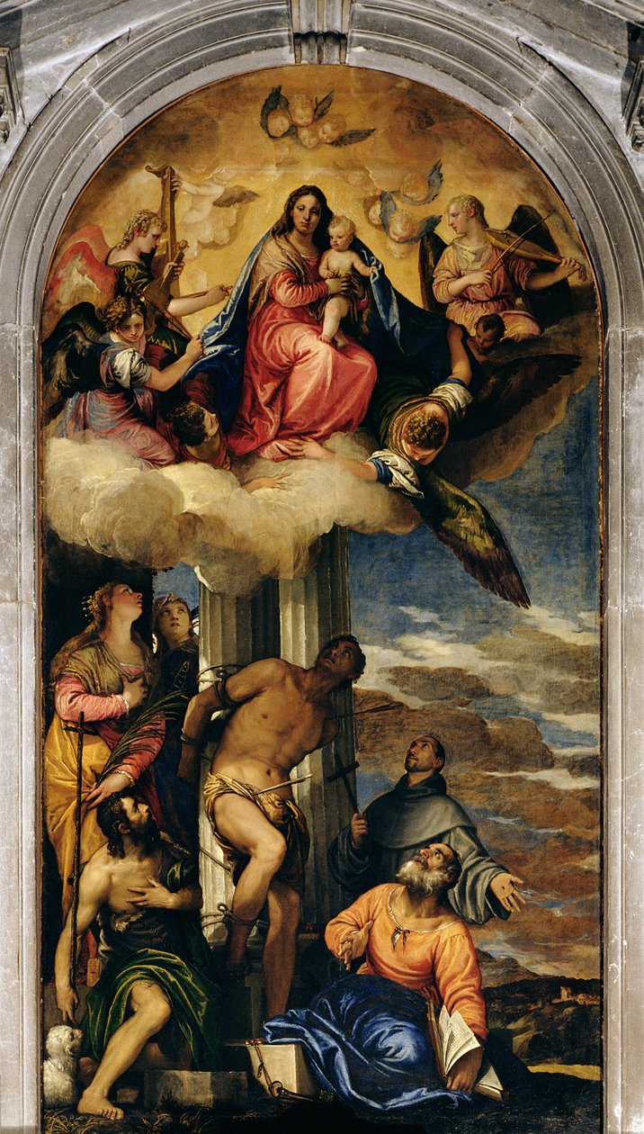 Szűz és gyermek angyal zenészekkel és szentekkel alkotó: Paolo Veronese