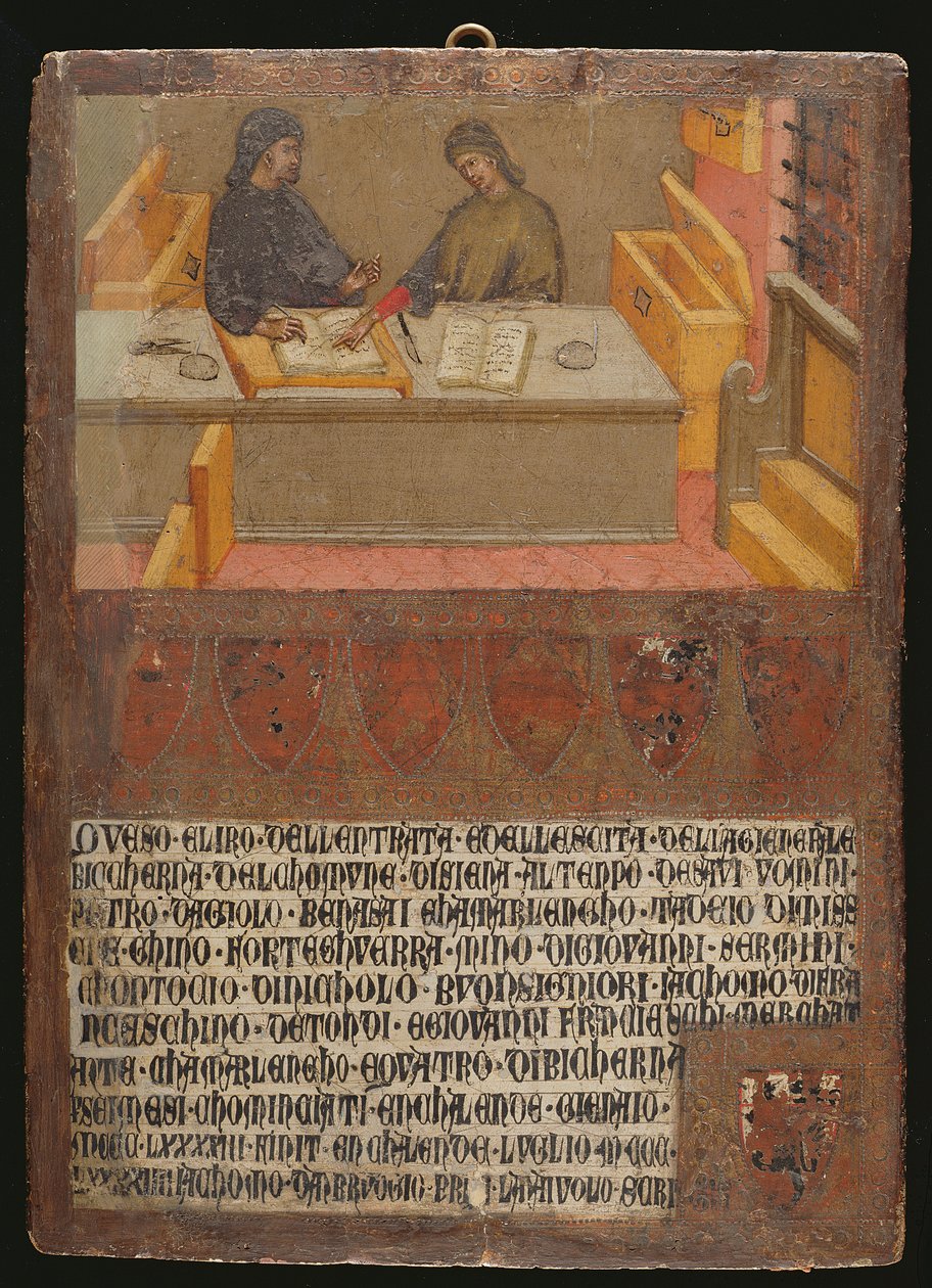Pénzügyi igazgató és Scribe az íróasztalukban a Bicchernában (bevételi hivatal) (tempera a panelen) alkotó: Paolo di Giovanni Fei