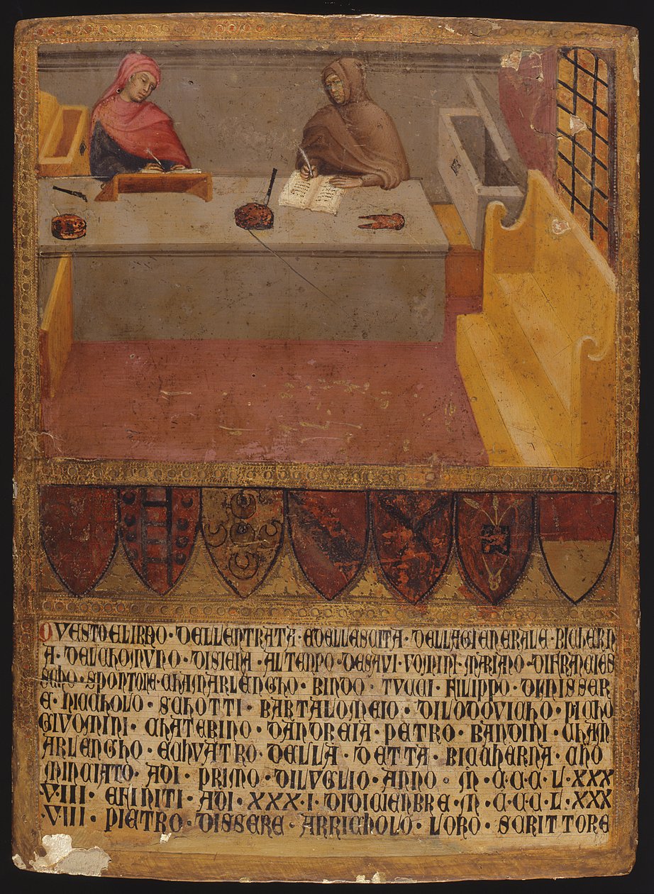Pénzügyi igazgató és Scribe az íróasztalukban a Bicchernában (bevételi hivatal) (tempera a panelen) alkotó: Paolo di Giovanni Fei