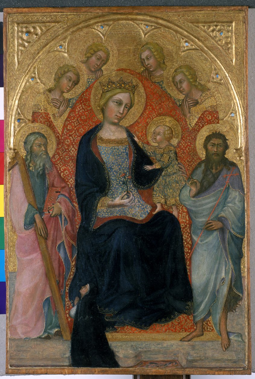 A trónoló Madonna és gyermek négy angyallal, két szenttel és egy jótevővel, 1400 körül (tempera fán) alkotó: Paolo di Giovanni Fei