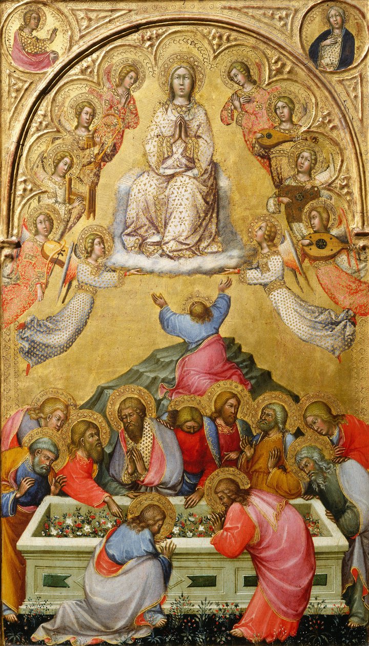 A Szűz mennybemenetele Gábriel arkangyal és az Angyali üdvözlet Szűzanya mellszobraival, 1400-5 körül (tempera a panelen) alkotó: Paolo di Giovanni Fei