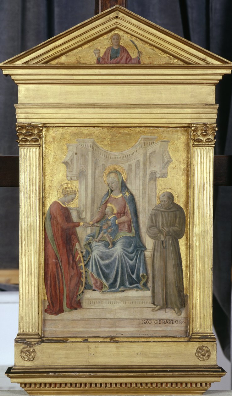 A trónoló Madonna gyermekkel és szentekkel, Gerharddal és Katharinával, 1450 körül (tempera nyárfán) alkotó: Paolo di Stefano Badaloni Schiavo