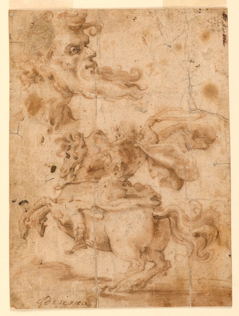 Rajz, Szakállas férfi feje, férfi lóháton, 1650 körül. alkotó: Paolo Emilio Besenzi