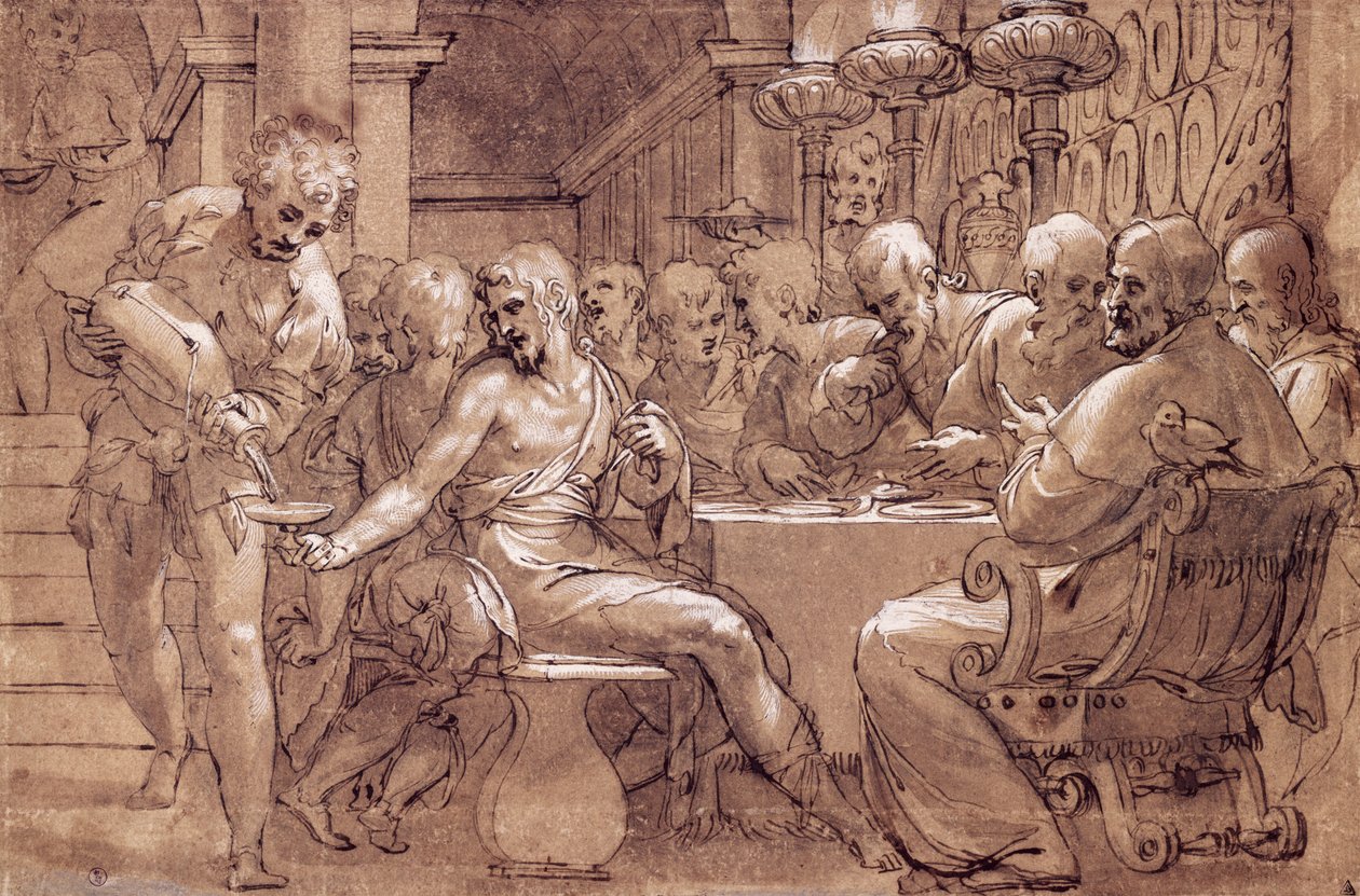 Szent Gergely vacsorája, Paolo Farinati (1524-1606) rajza, szürkésbarna akvarell, toll, fehér ólom és fekete ceruza, Olaszország alkotó: Paolo Farinati
