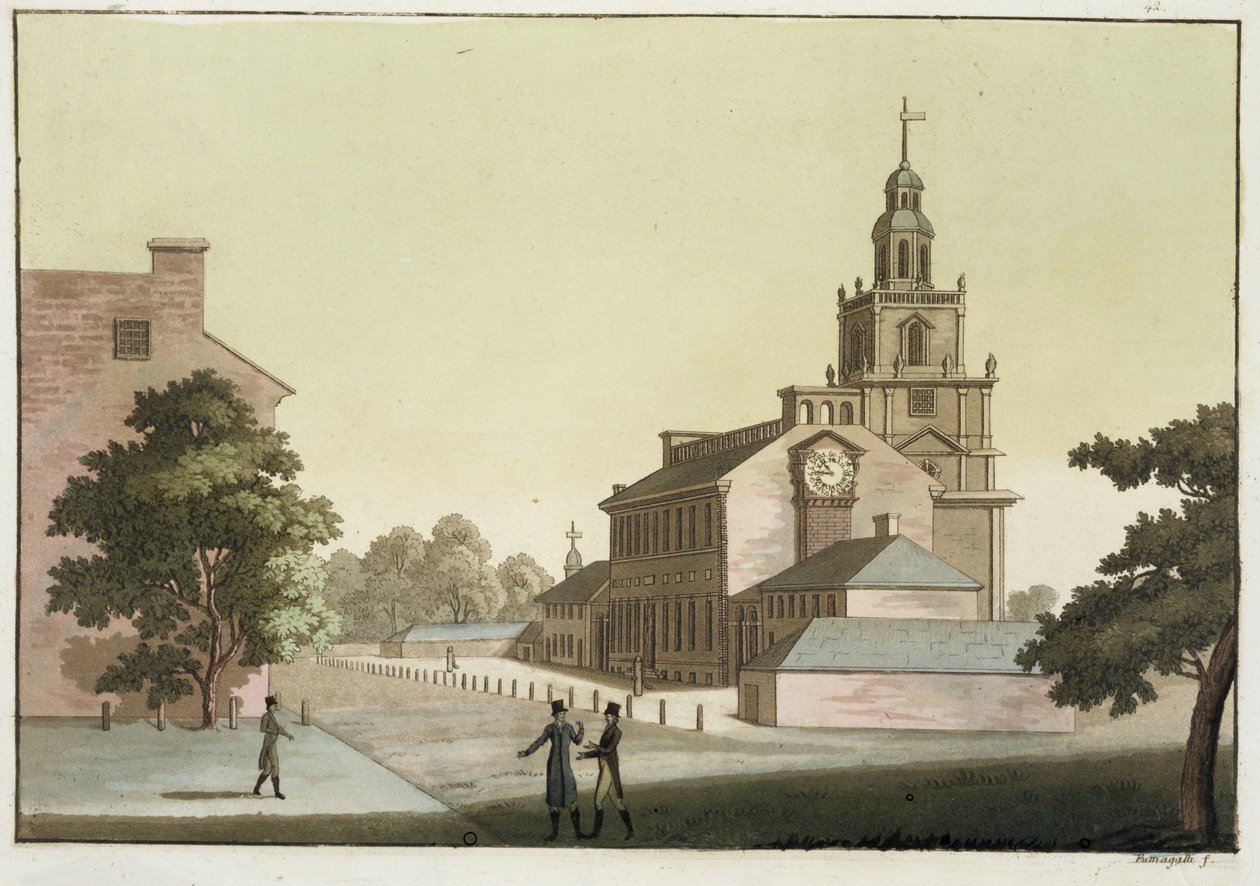 Independence Hall, Philadelphia, Pennsylvania, a „Le Costume Ancien et Moderne” I. kötetből, 41. lemez, Jules Ferrario, az 1820-as és 30-as évek körül megjelent (színes metszet) alkotó: Paolo Fumagalli