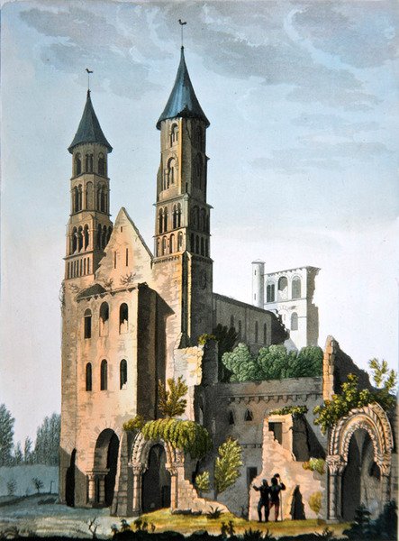 A Jumieges-i apátság, Jules Ferrario "Le Costume Ancien et Moderne" című művéből, kiadva az 1820-30-as években (színes litográfia). alkotó: Paolo Fumagalli