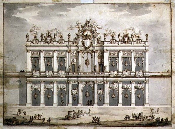 Homlokzat kialakítása, valószínűleg az 1766-os „Festa della Chinea”-hoz (toll és barna tinta és papírmosás) alkotó: Paolo Posi