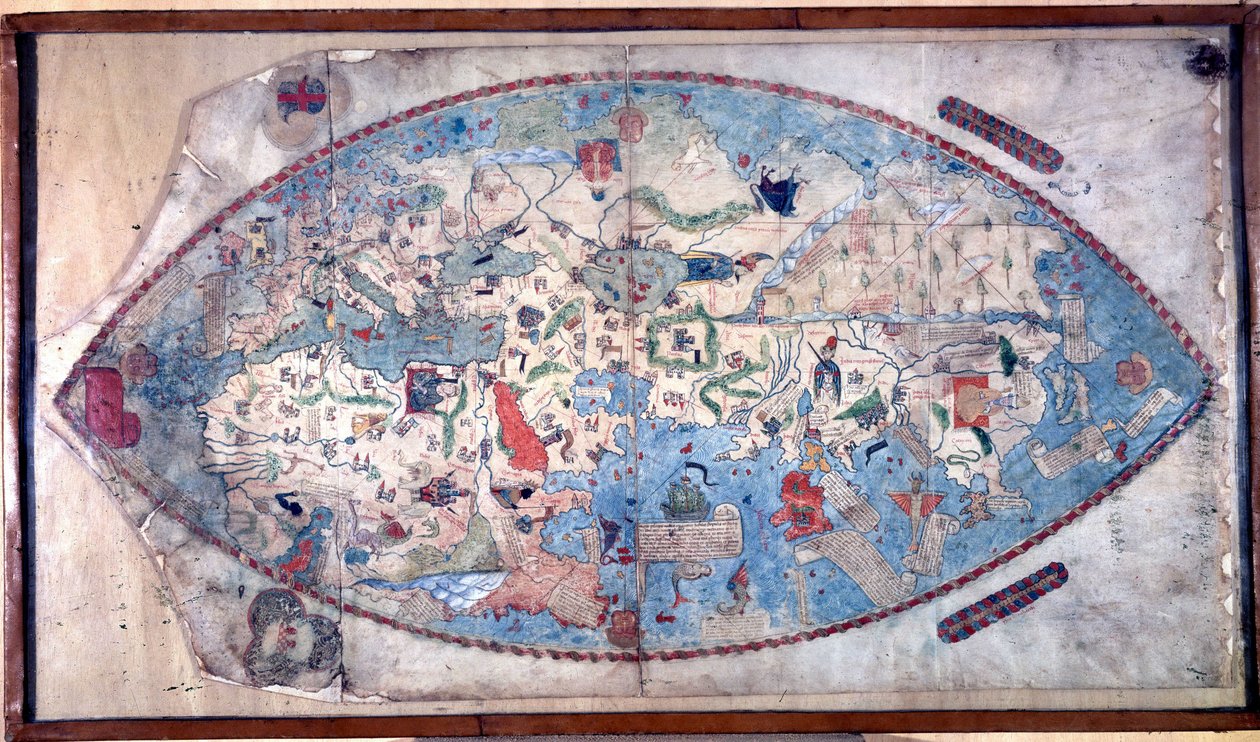 Paolo Toscanelli (1397 - 1497) világtérképe. 1457. Ez a térkép a Föld európai képét ábrázolja a nagy kontinensek felfedezése előtt. Library Nazionale Firenze alkotó: Paolo Toscanelli
