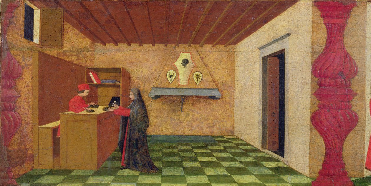 A Sereg megszentségtelenítésének Predella: A keresztény nő, akit egy zsidó zálogos kénytelen volt megváltani a köpenyét a megszentelt sereg árán, 1467-69 körül (tempera a panelen) (részlet) alkotó: Paolo Uccello
