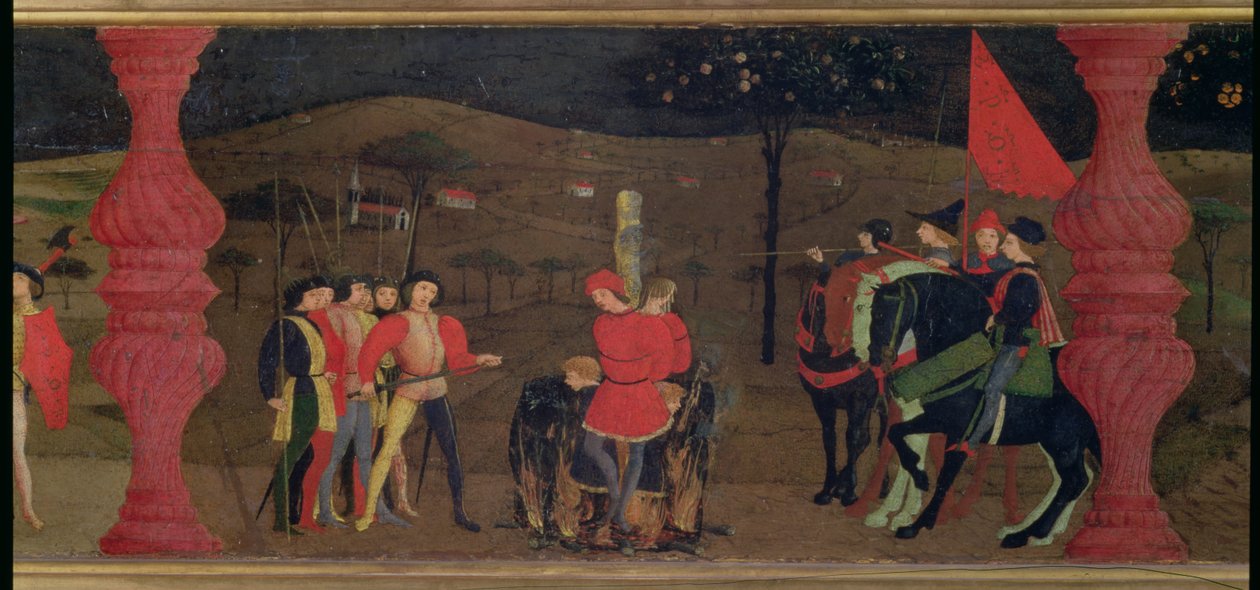 Predella a Sereg megszentségtelenítéséről: A zsidó zálogost és családját máglyára égették a megszentelt sereg megsütéséért, 1468 körül (tempera a panelen) (részlet) alkotó: Paolo Uccello