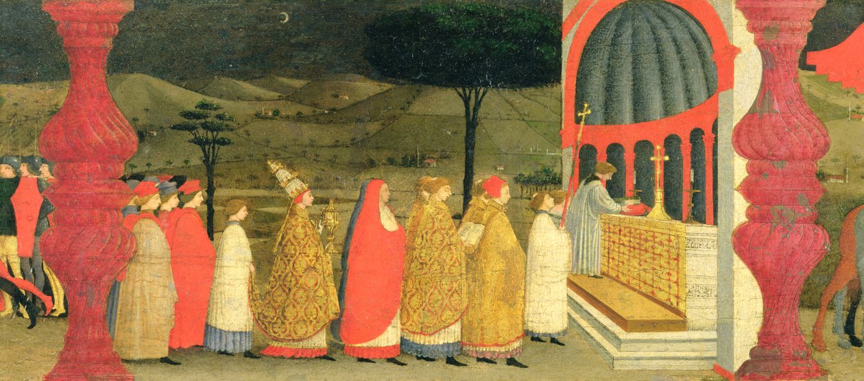 A Sereg megszentségtelenítésének Predella: A pápa visszaküldi a megszentelt sereget az oltárhoz, 1468 körül (tempera a panelen) (részlet) alkotó: Paolo Uccello