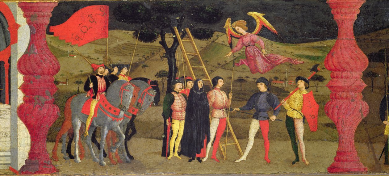 Predella a Sereg megszentségtelenítéséről: A bűnbánó keresztény nőt felakasztották a megszentelt sereg zálogba adása miatt, 1468 körül (tempera a panelen) (részlet) alkotó: Paolo Uccello