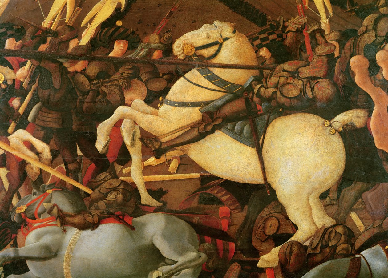 A San Romano-i csata, Bernardino della Ciarda részlete, aki lerúgta a lovát, 1456 körül, tempera a panelen alkotó: Paolo Uccello
