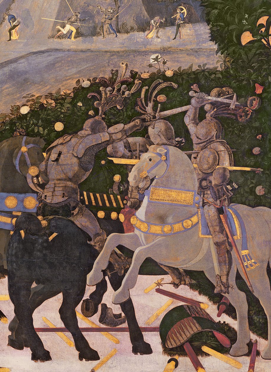 A San Romano-i csata, két harcban részt vevő lovas részlete, 1450-60 körüli tempera a 30690-es panel részletén alkotó: Paolo Uccello