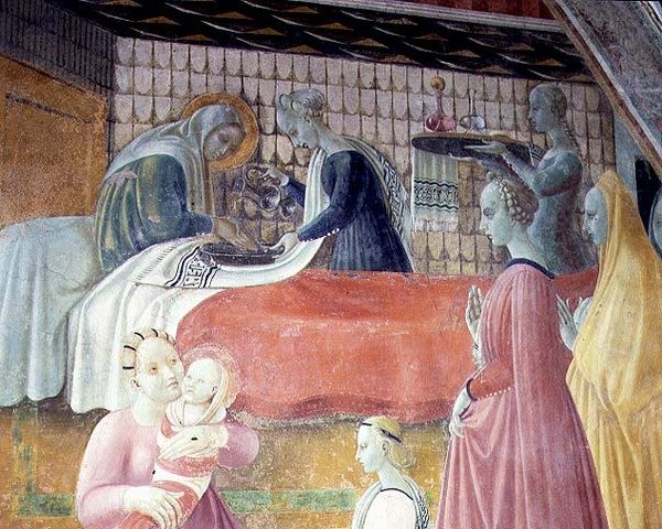 A Szűz születése, részlet A Szűz és Szent István élete című ciklusból, a Cappella dell"Assunta alkotó: Paolo Uccello