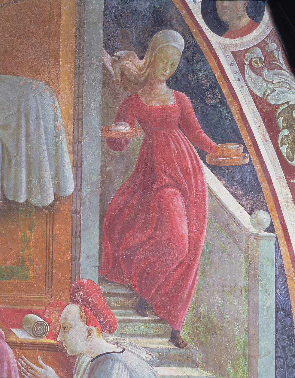 A Szűz születése, egy szolgálólány részlete a Szűz és Szent István élete című freskóciklusból, a Cappella dell" Assuntából alkotó: Paolo Uccello