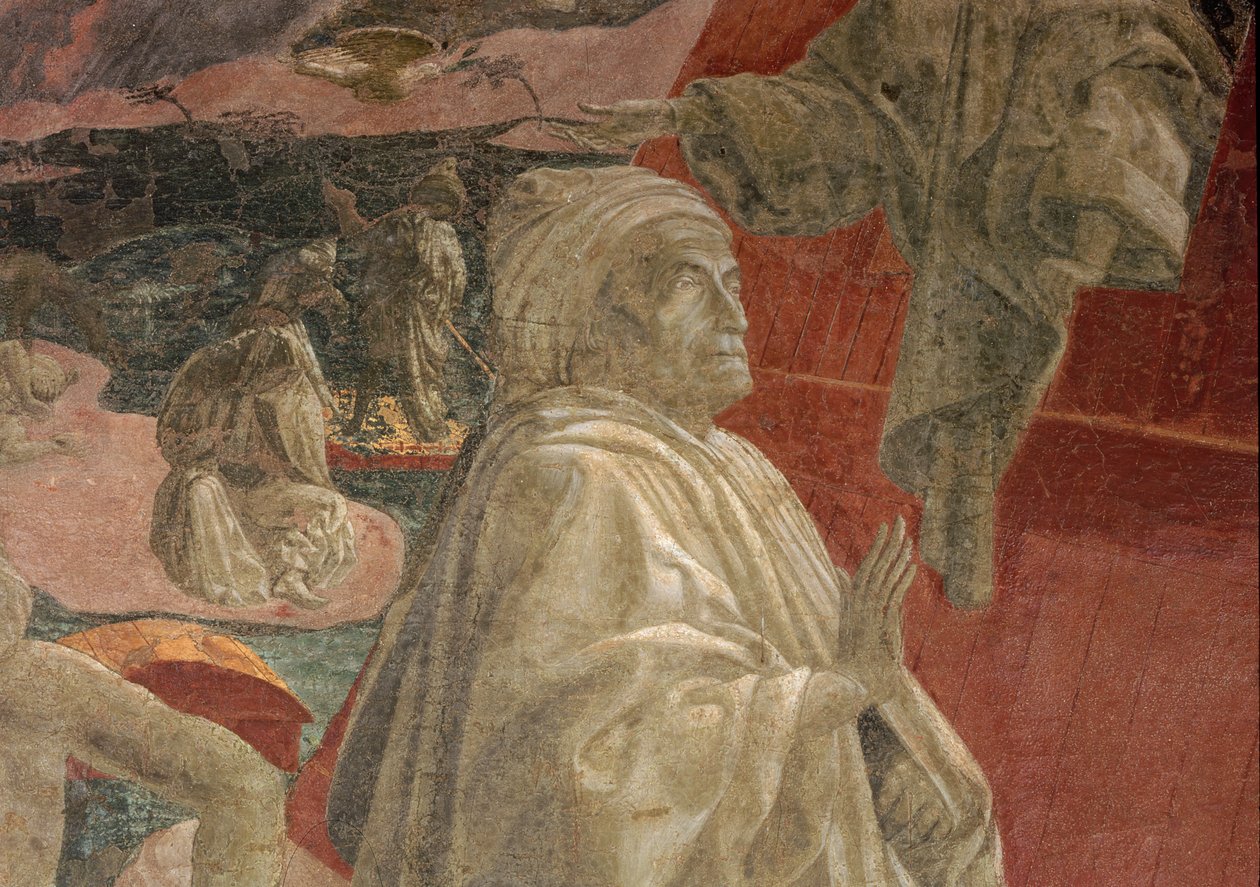 Az özönvíz és a víz süllyedése, valamint Noé áldozata és részegsége, egy imádkozó alak részlete, lunette freskó alkotó: Paolo Uccello