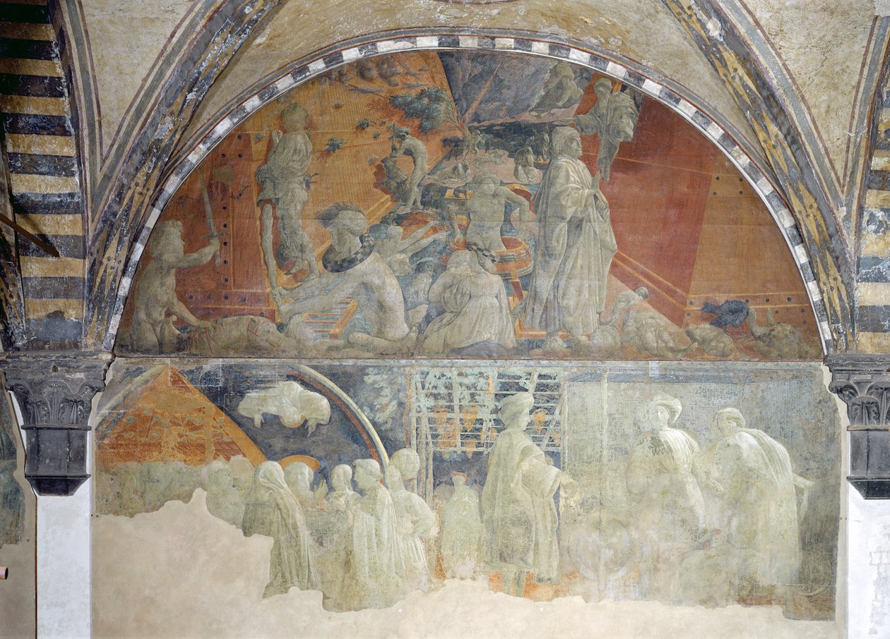 Az özönvíz és a vizek süllyedése (felső szakasz) Noé áldozata és részegsége (alsó szakasz) lunette (részletekért lásd: 123196) alkotó: Paolo Uccello