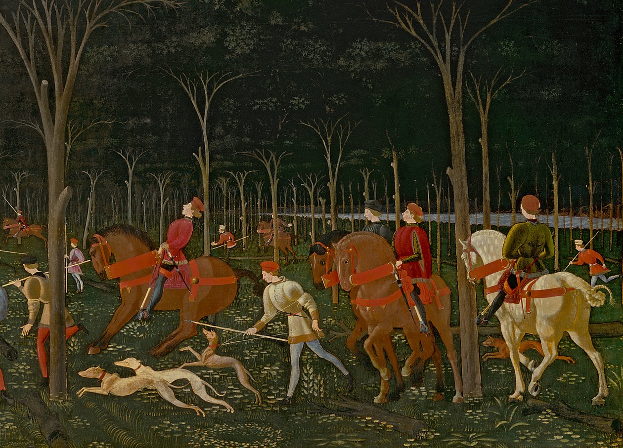 Vadászat az erdőben, 1465-70 körüli olaj, tábla, 100861 részlete alkotó: Paolo Uccello
