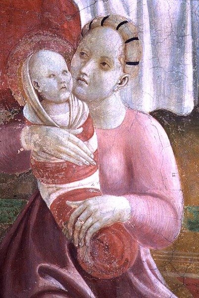 A Szűz és Szent István élete, részlet, amely egy anyát és egy gyermeket mutat be a Cappella dell"Assuntából alkotó: Paolo Uccello