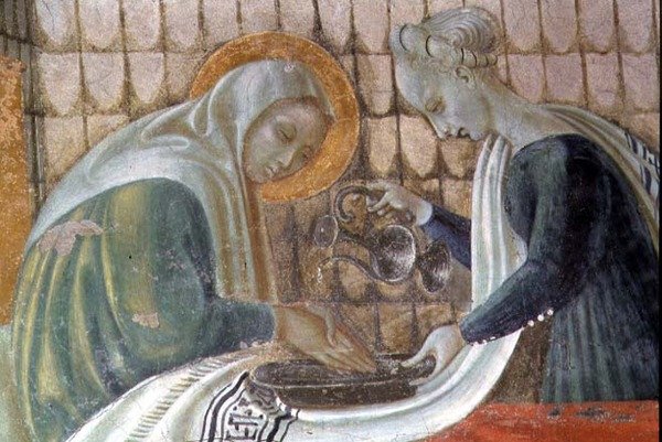 A Szűz születése, részlet a kezét mosó Szent Annát ábrázoló Nagyboldogasszony-kápolnából, 1433-34 alkotó: Paolo Uccello