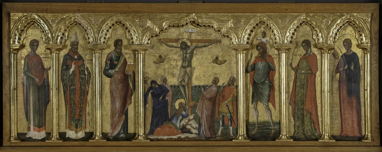 Szent Sztratonikus, Szent Hermolausz, Szent Máté, Szent Kristóf, Szent Thekla és Szent Abundius, A keresztre feszítés poliptichonja szentekkel alkotó: Paolo Veneziano