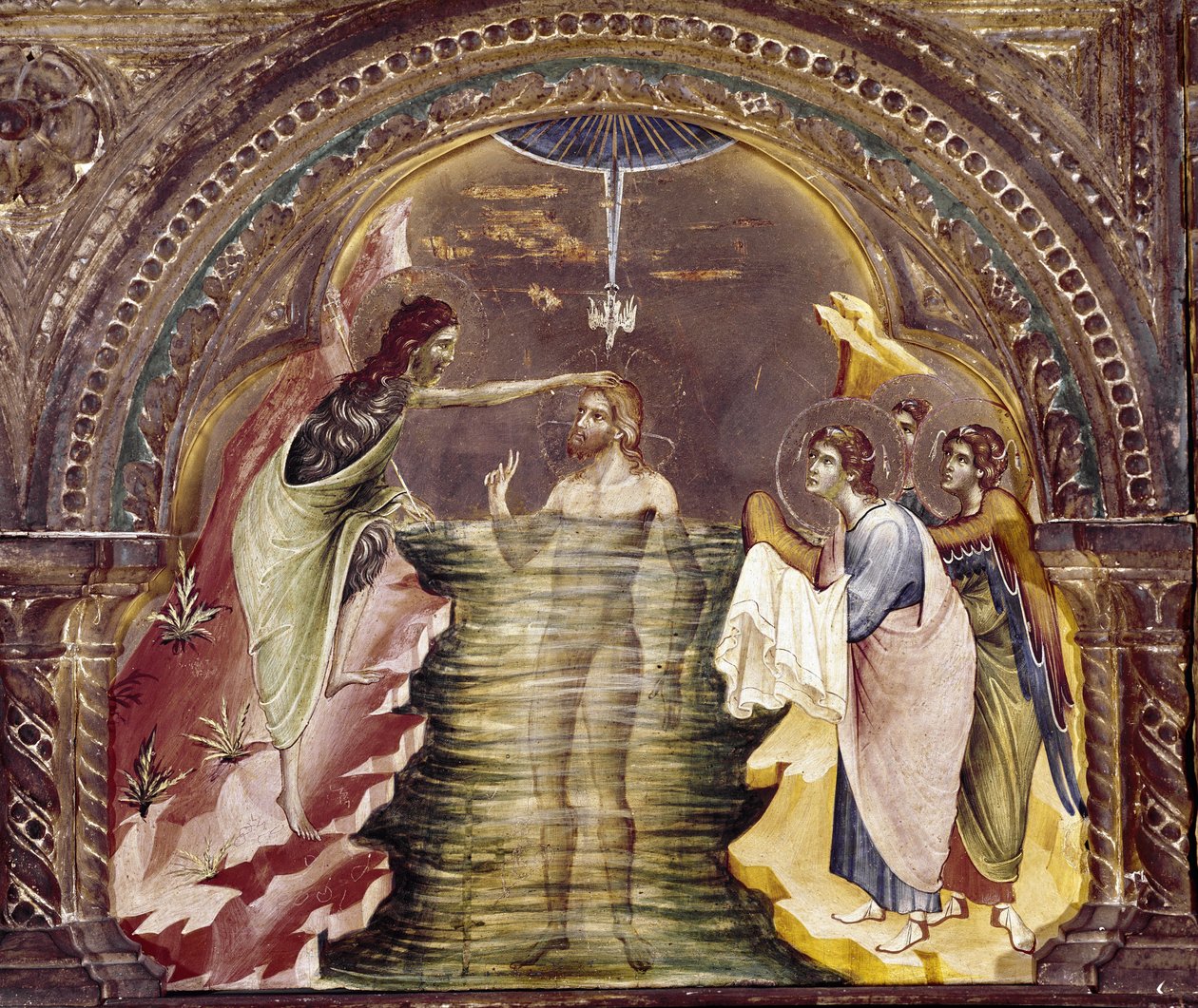 Jézus megkeresztelkedése, a Santa Chiara poliptikus részlete. (olaj, fa, 1350 körül) alkotó: Paolo Veneziano