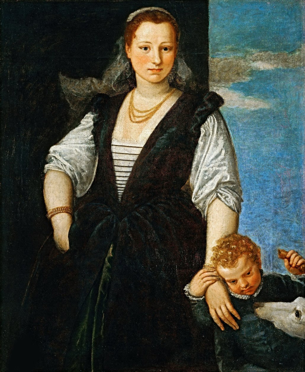 Portré egy nőről egy gyerekkel és egy kutyával Isabella Guerrieri Gonzaga Canossa, 1547-1548. alkotó: Paolo Veronese