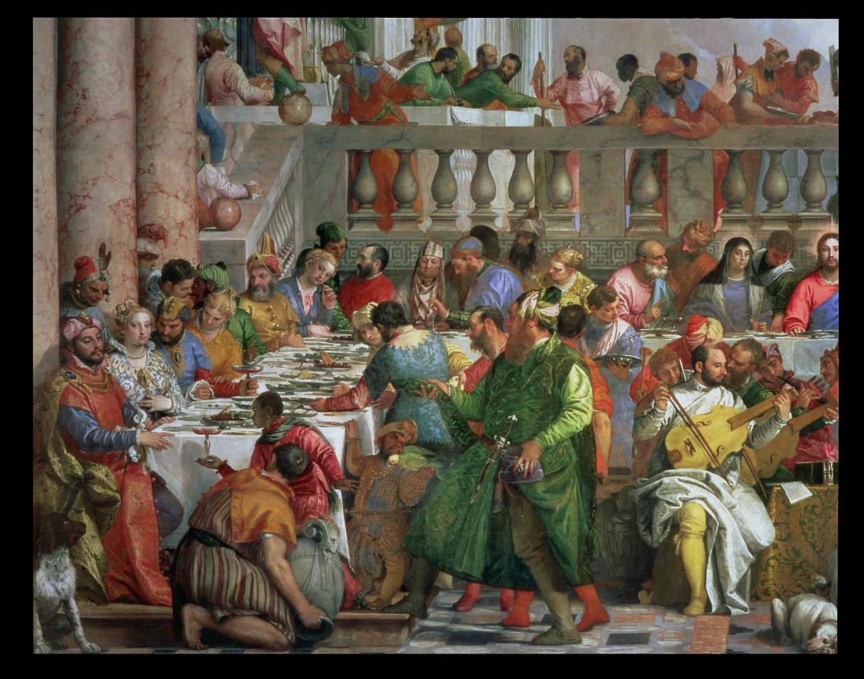 Házassági lakoma Kánában, lakomaasztal részlete zöld köpenyes férfival és törpével papagájjal, 1562 körül olaj, vászon, 94932 részlet alkotó: Paolo Veronese