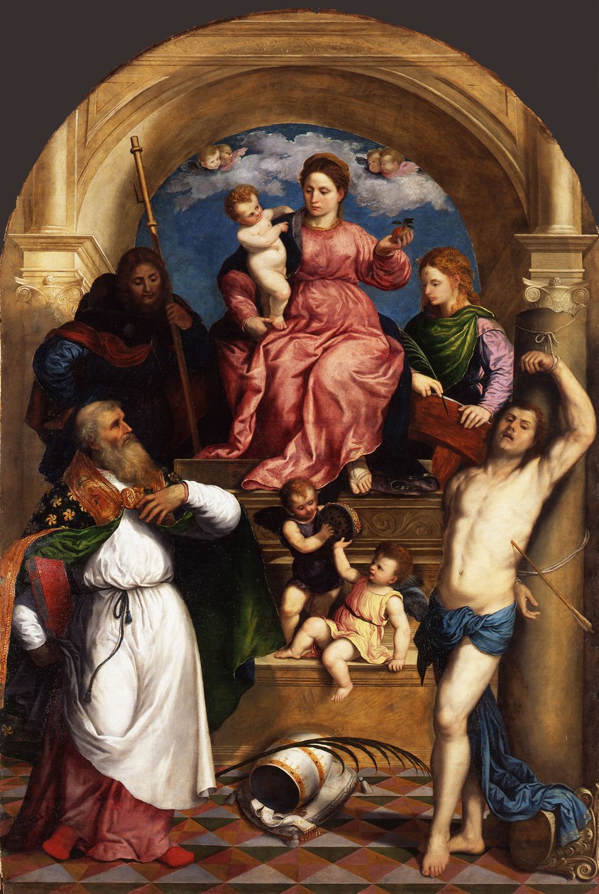 A trónoló Madonna gyermekkel és szentekkel, 1530 körül alkotó: Paris Bordone