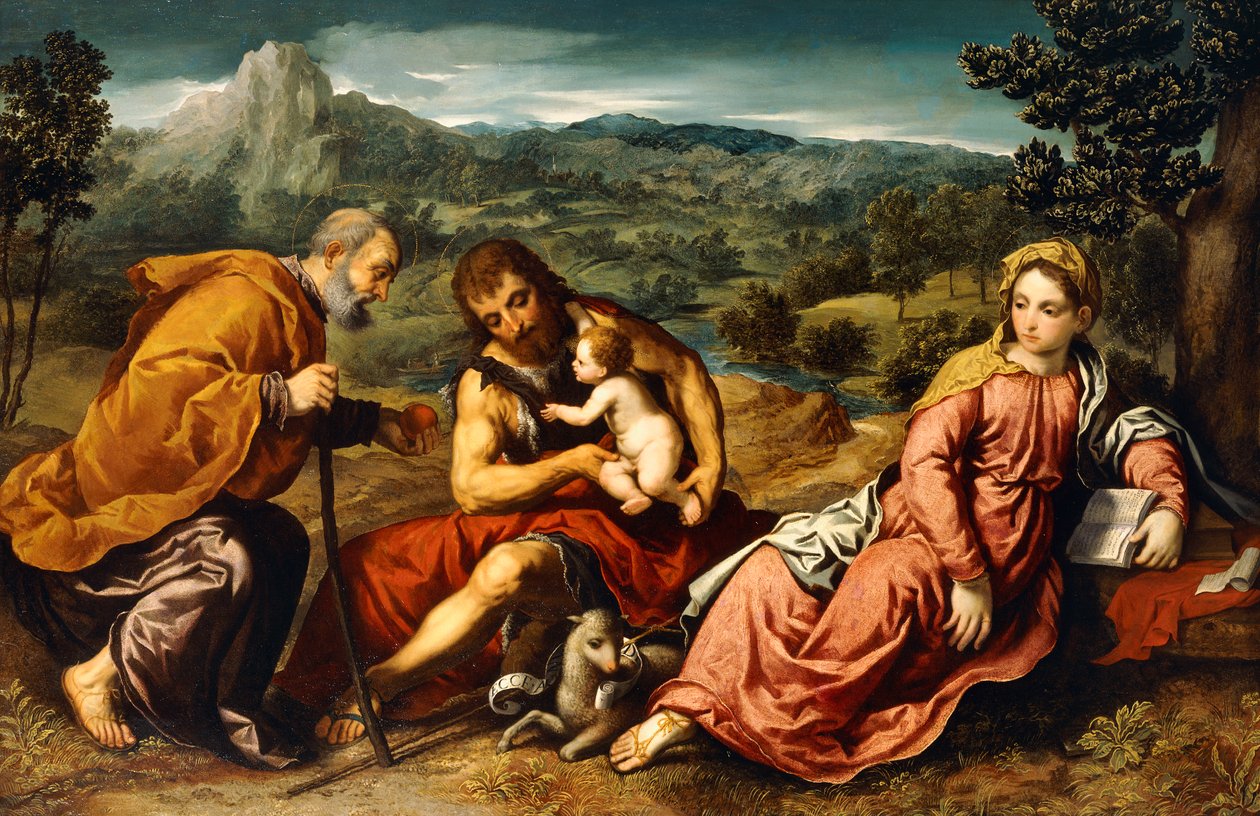 A Szent Család Keresztelő Szent Jánossal egy tájban, 1545-50 alkotó: Paris Bordone
