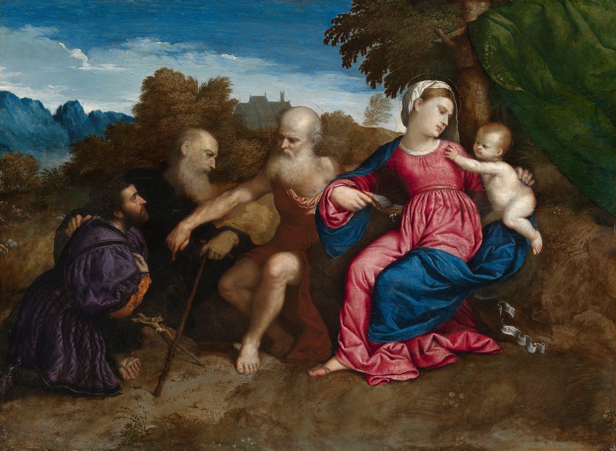 Szűz Mária és gyermeke szentekkel, Jeromos és Anthony Abbottal és egy adományozóval, 1522 körül (olaj, nyárfa tábla) alkotó: Paris Bordone