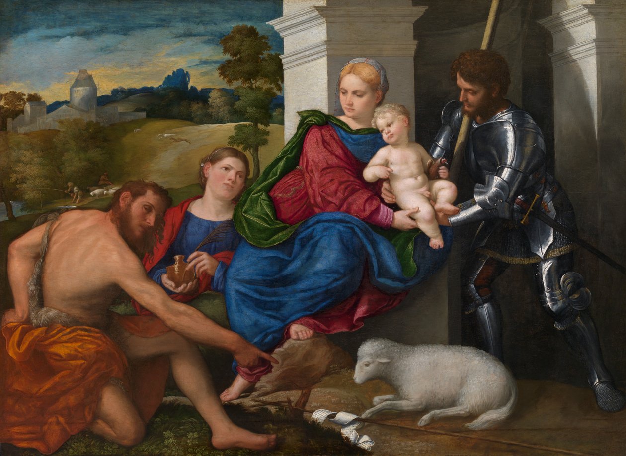 A Szűz és a Gyermek Keresztelő Jánossal, Mária Magdolnával és Györggyel (esetleg), 1524 körül (olaj, tábla) alkotó: Paris Bordone