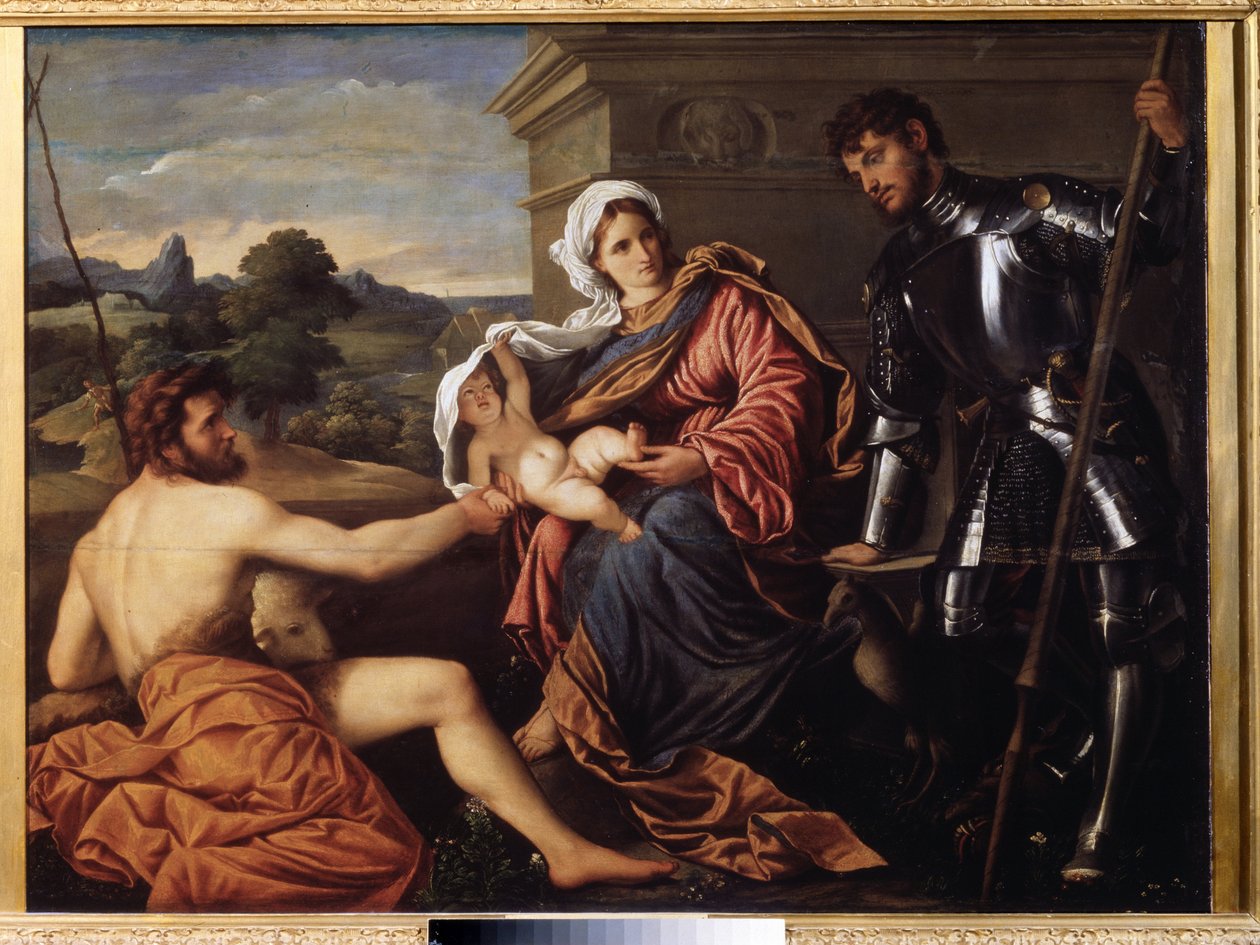"Madonna és gyermeke, Keresztelő Szent János és Szent György" (Madonna és gyermeke, Keresztelő Szent János és Szent György) Paris Bordon vagy Bordone festménye (1500-1571) 1530 körül Pouchkine Múzeum, Moszkva alkotó: Paris Bordone