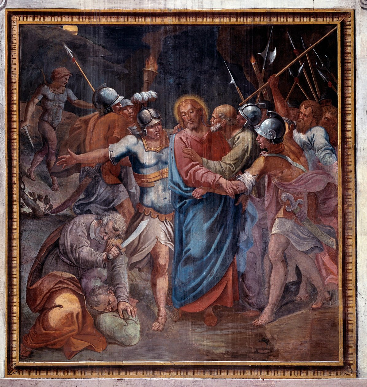 Krisztus élete: „” Júdás csókja és Krisztus elfogása” (Krisztus szenvedése, Júdás csókja és Jézus elfogása) Paris Nogari freskója (1536-1601) 1594-1600 Római Santa Prassede templom (Santa) Prassede) Olaszország alkotó: Paris Nogari