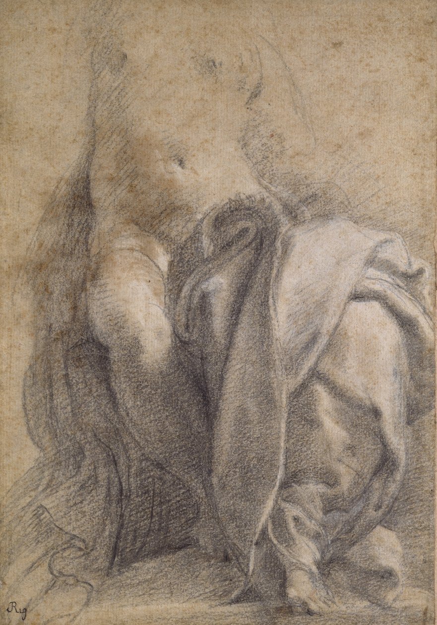Recto: (fekete-fehér kréta, papír): Ülő félakt nő, drapériát visel (fekete-fehér kréta, papír). alkotó: Parmigianino