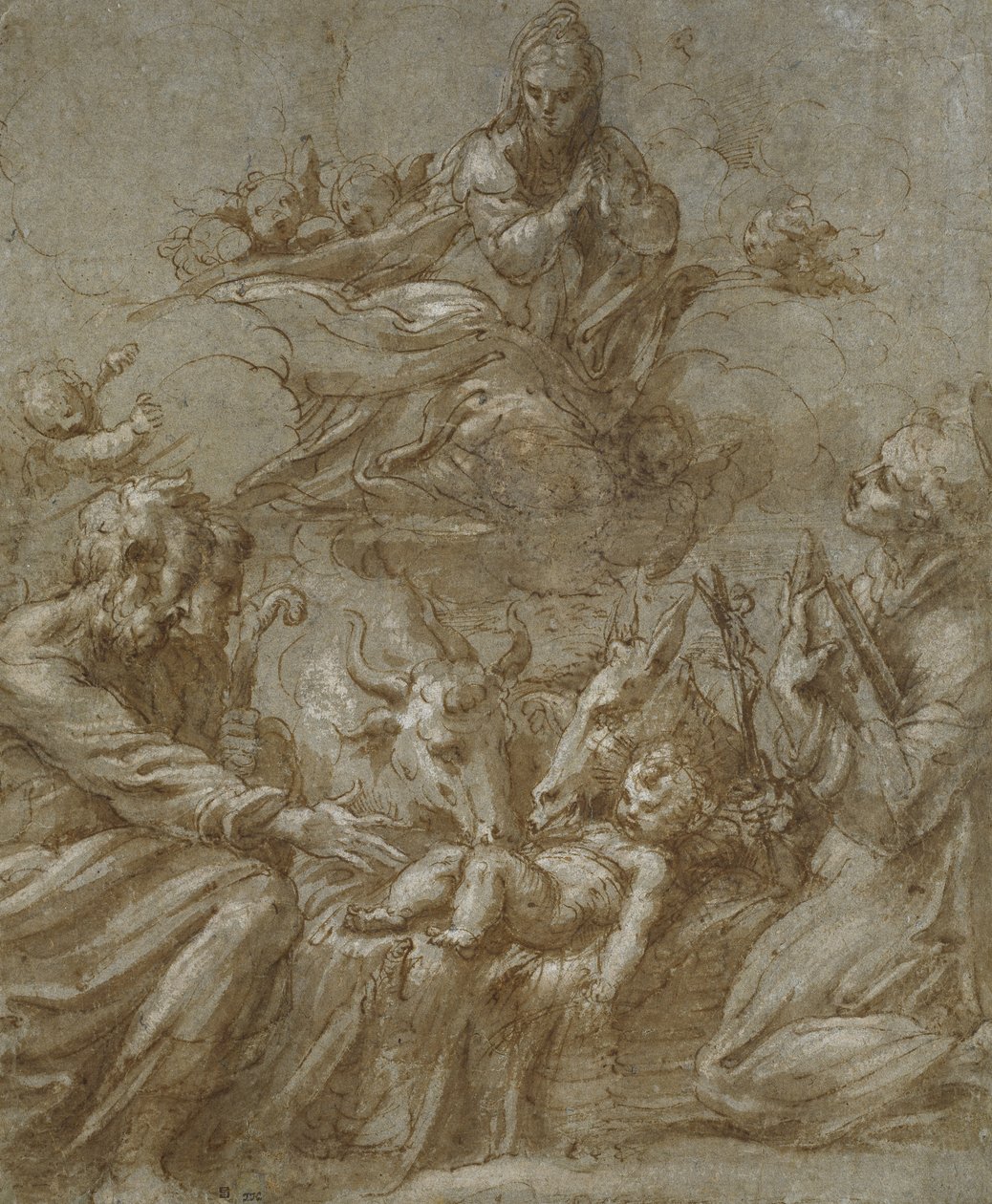 Krisztus születése (szürkére mosott toll és barna tinta, kékesszürke papíron fehér testszínnel kiemelve) alkotó: Parmigianino