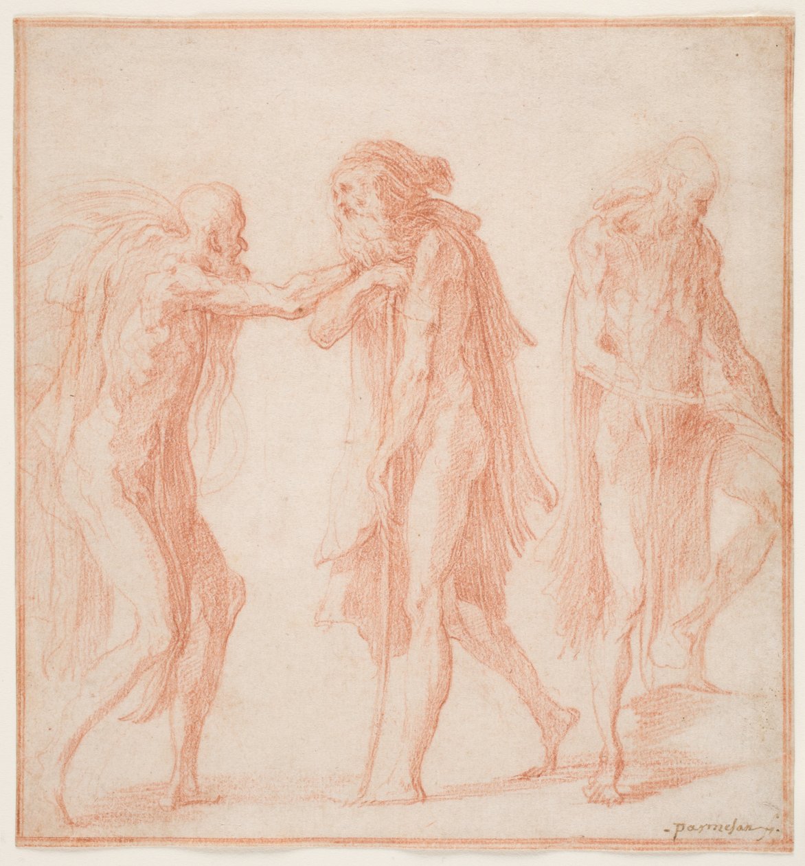 Három öreg, 1535 körül (piros kréta papíron) alkotó: Parmigianino