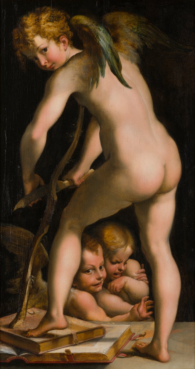 Ámor borotválja íját, 1523-40 körül (olaj, vászon) alkotó: Parmigianino 