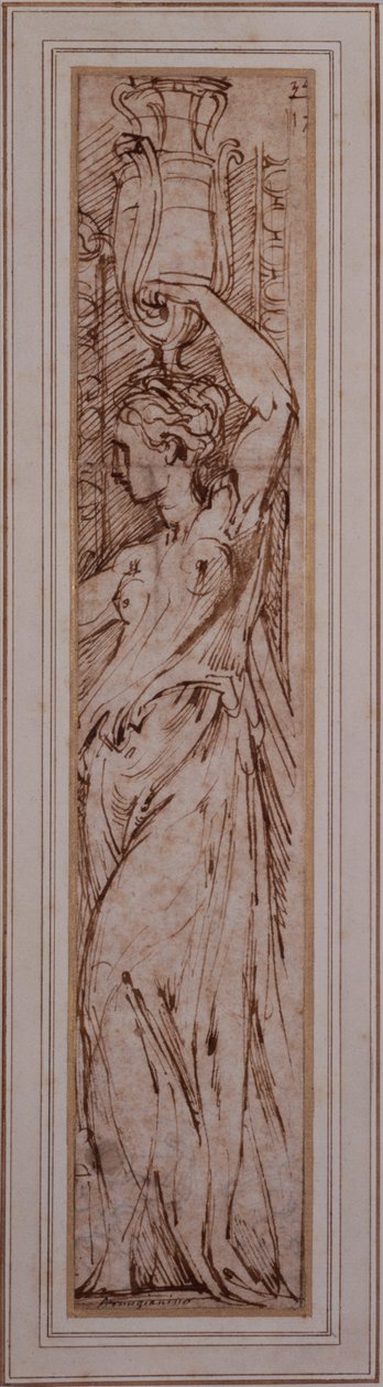 Egy Canephoros profilban balra (toll, tinta és mosás papíron) alkotó: Parmigianino
