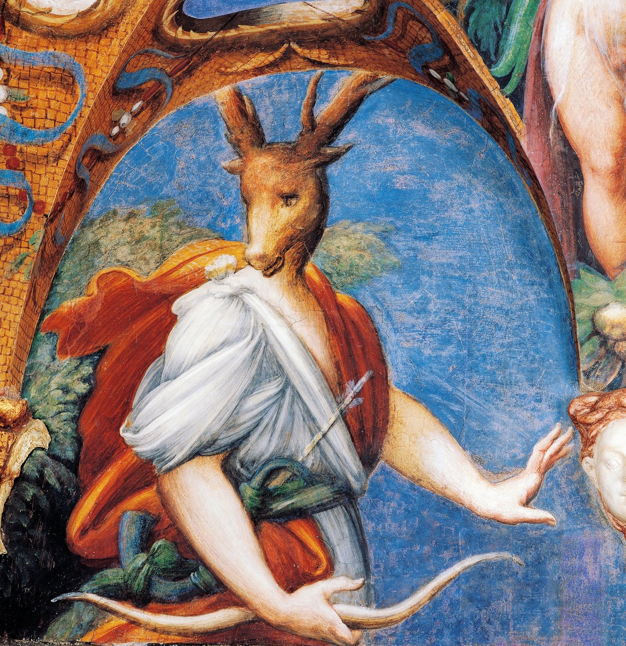Actaeon szarvasbikává alakítása, Diana és Actaeon mítoszából, 1524 körül, Francesco Mazzola, Parmigianino (1503-1540), freskó, Diana és Actaeon szobája, Rocca Sanvitale, Fontanellato, Parma közelében, Emilia-Romagna, Olaszország alkotó: Parmigianino