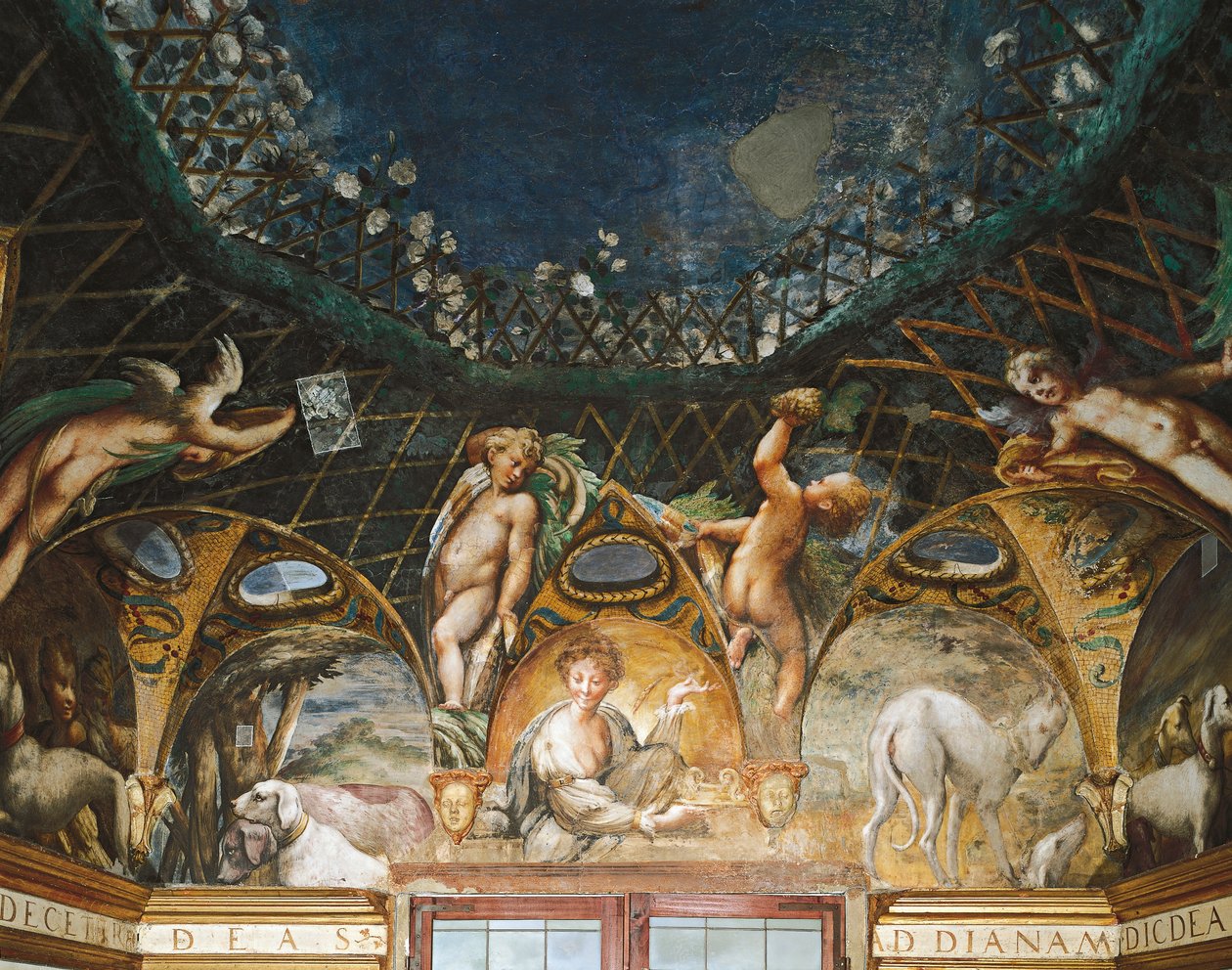 Ceres vadászkutyákkal és kerubokkal körülvett eseményeken vesz részt a Diana mítoszából és az Actaeonból alkotó: Parmigianino