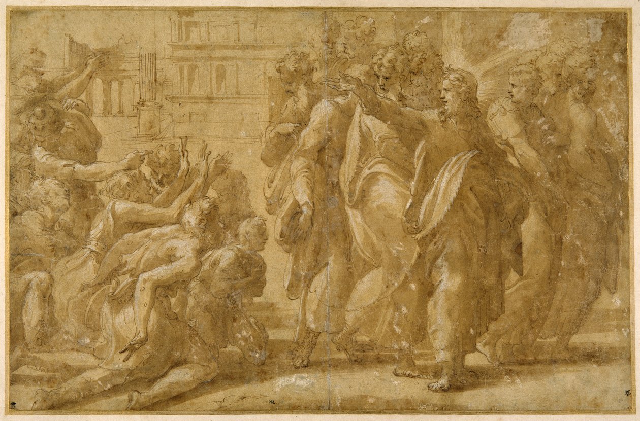 Krisztus tanítványaival meggyógyítja a leprásokat (toll, tinta, mosdó és testfesték papíron) alkotó: Parmigianino (1503 40)