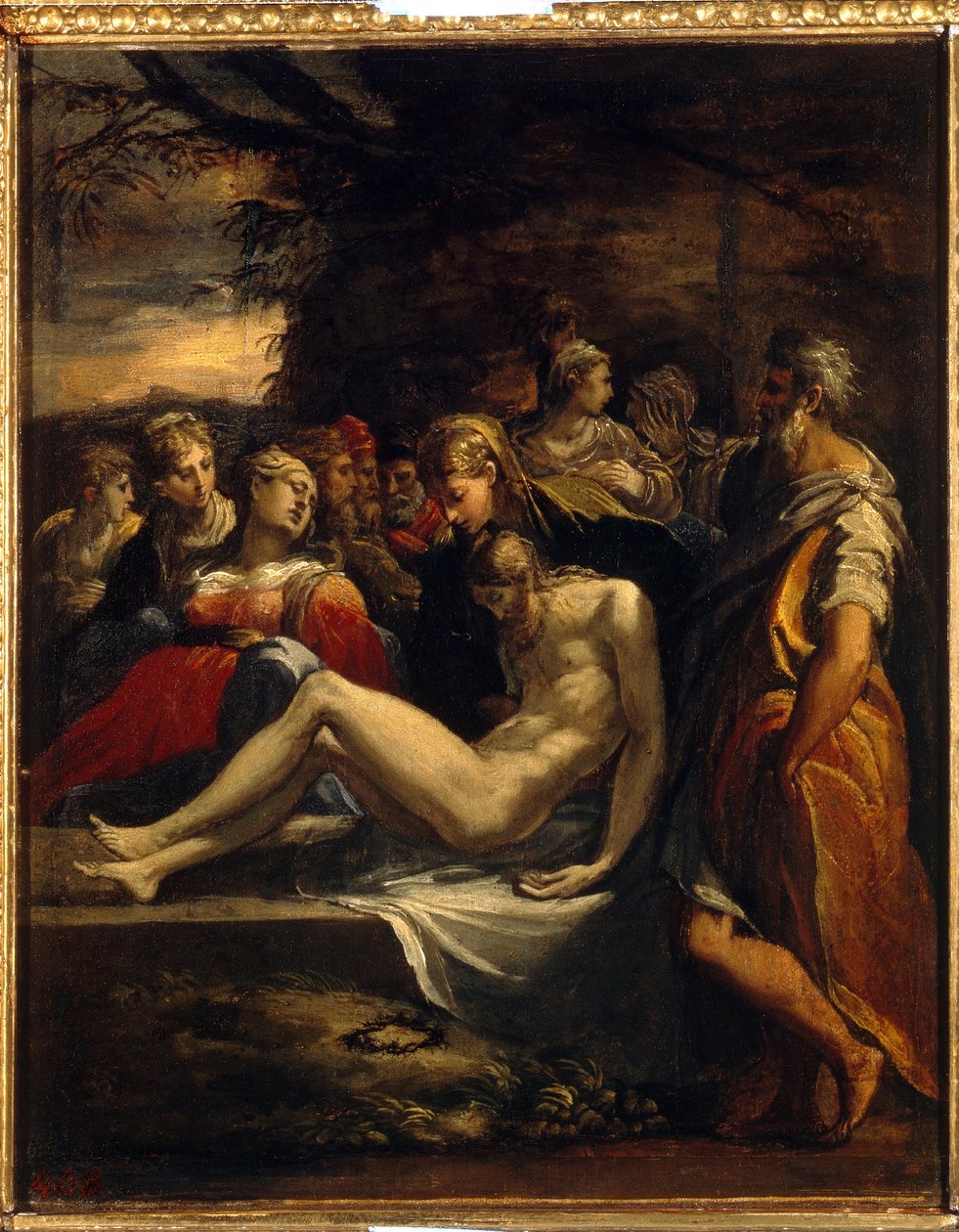 Krisztus temetése. Szűz Mária, Mária Magdolna és Szent János temetési lepelbe helyezett Krisztus teste. Parmigianino (1503-1540) festménye, olaj, vászon. Olasz művészet (Parma) alkotó: Parmigianino