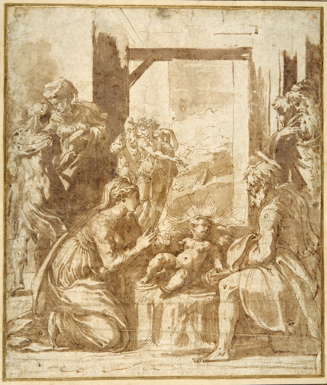The Nativity (toll és barna tinta barna mosással fehér papíron) alkotó: Parmigianino