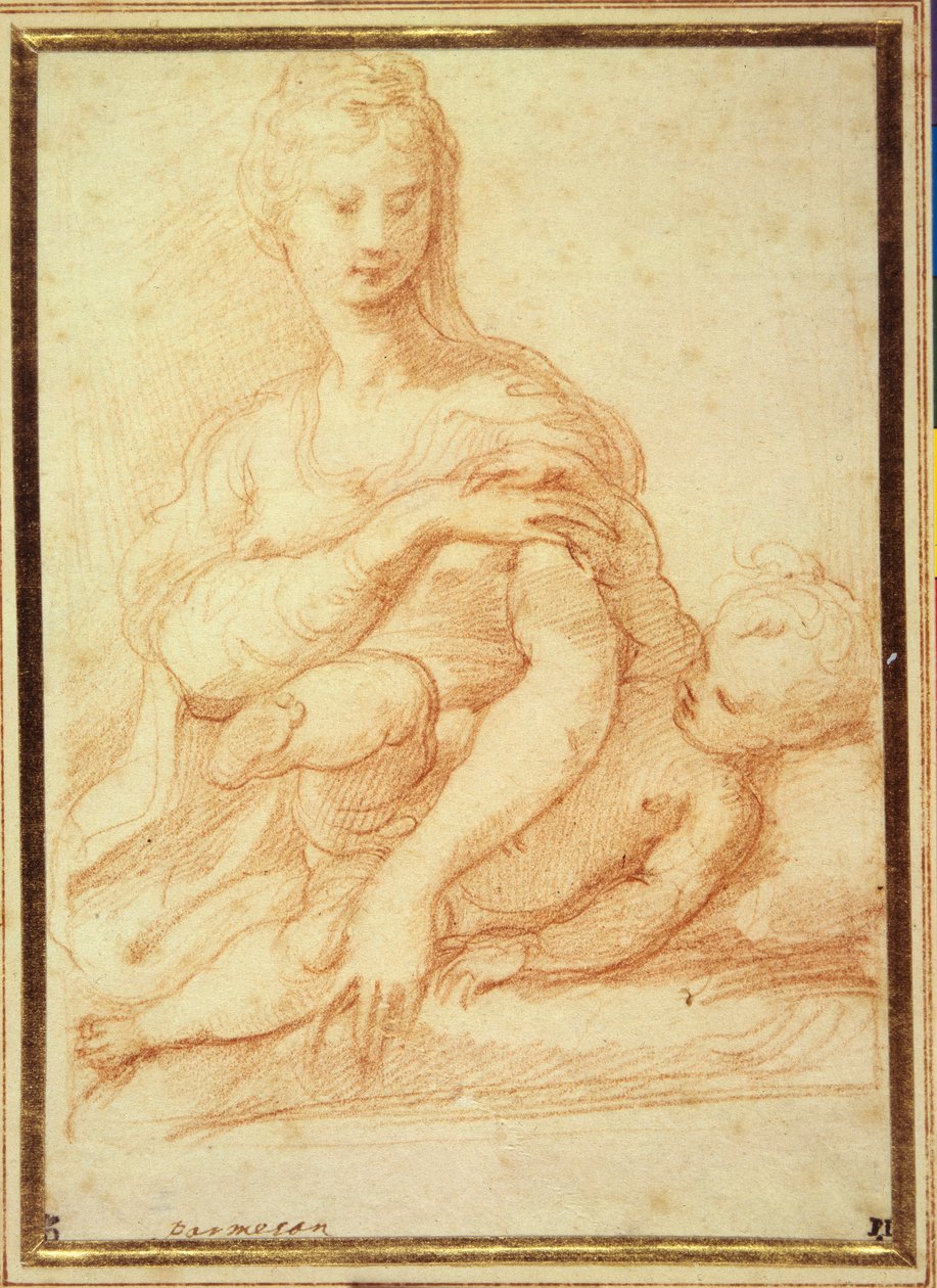 A Szűz a Gyermekkel az ölében játszik (piros kréta fehér papíron) alkotó: Parmigianino